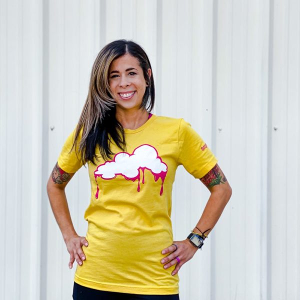 Front of Juicy Cloud Aura Hourglass Brewing yellow tee shirt