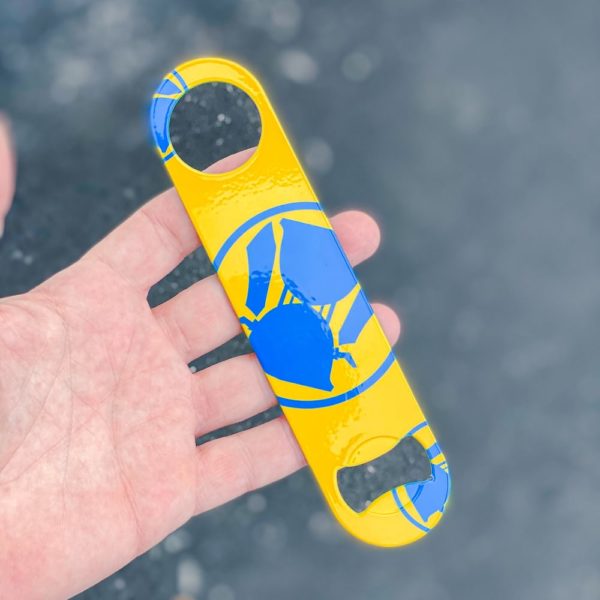 Hourglass Brewing bar key bottle opener yellow and blue logo
