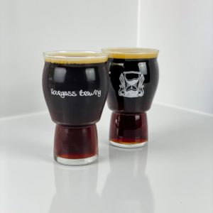 Hourglass Brewing pint glass front and back