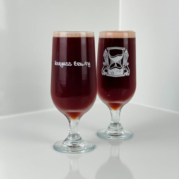 Hourglass Brewing branded tulip glasses